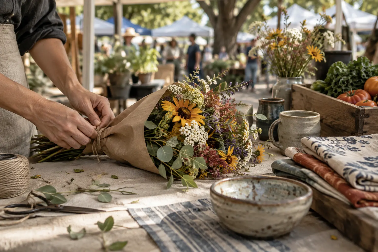 Maker tying a paper-wrapped flower bundle at the market