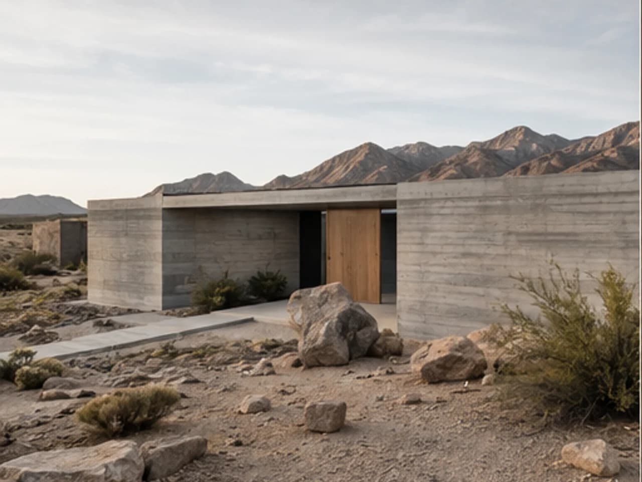 Expansive concrete residence integrated into a rocky landscape