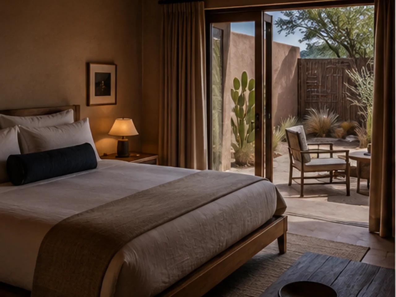 Atmospheric desert hotel entrance at night