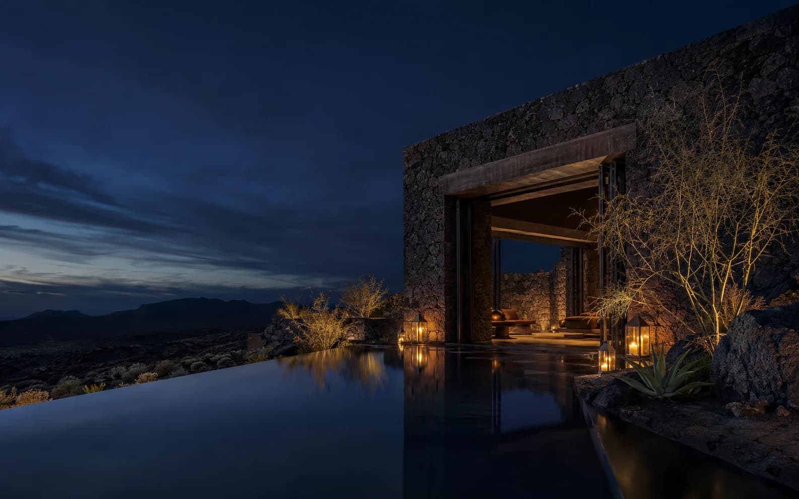 Atmospheric desert hotel entrance at night