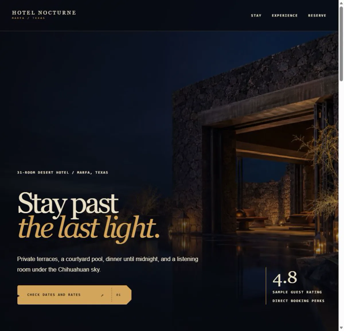 Atmospheric desert hotel entrance at night