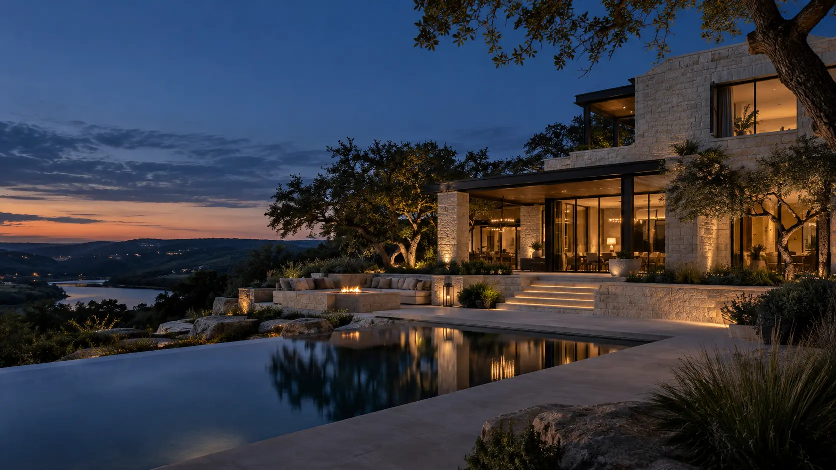 Contemporary Hill Country residence illuminated at blue hour
