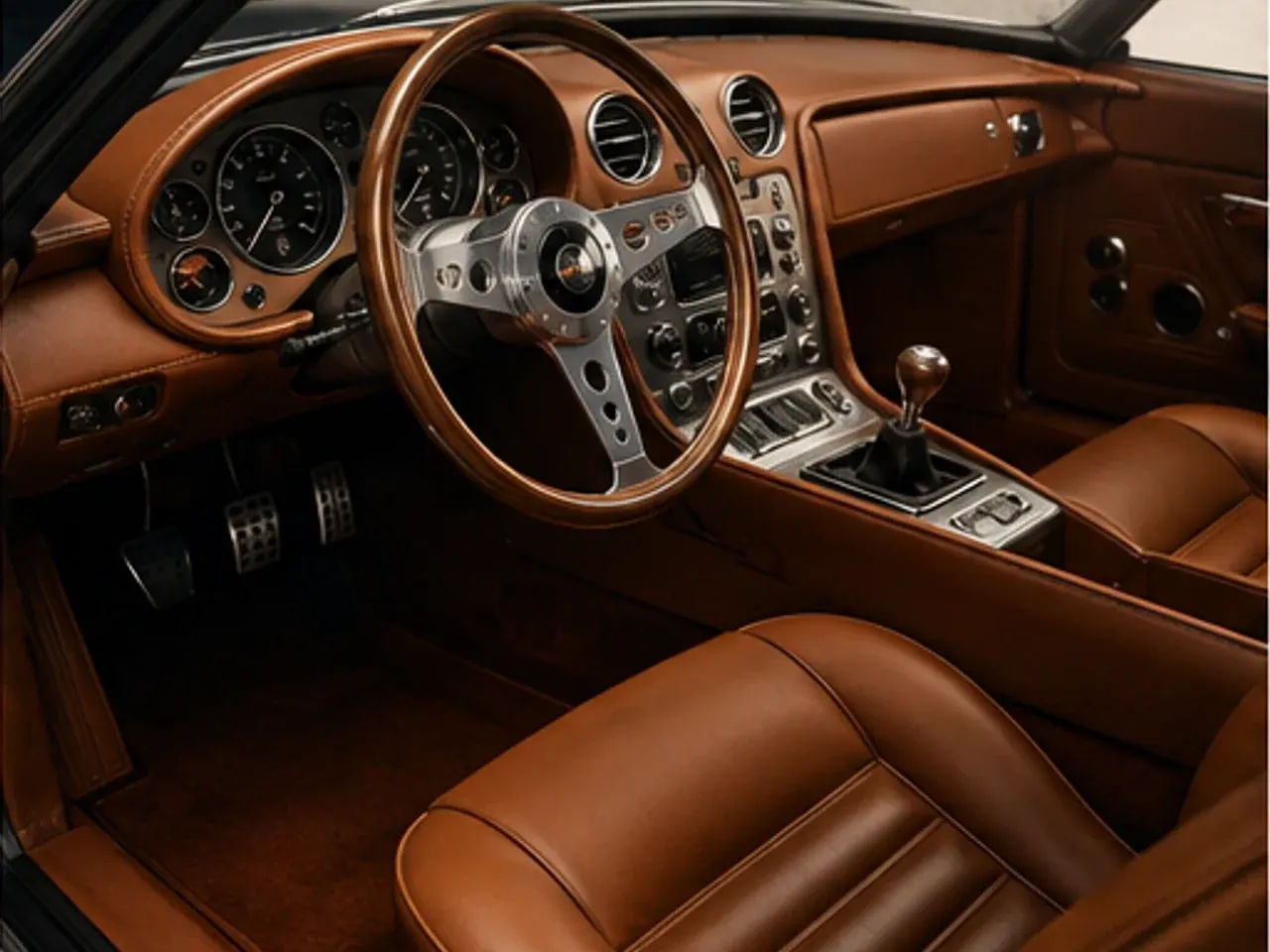 Cognac leather cockpit with a wooden steering wheel