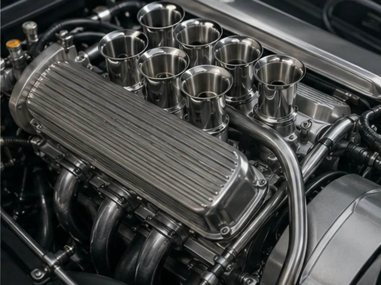 Polished engine detail with machined aluminium parts