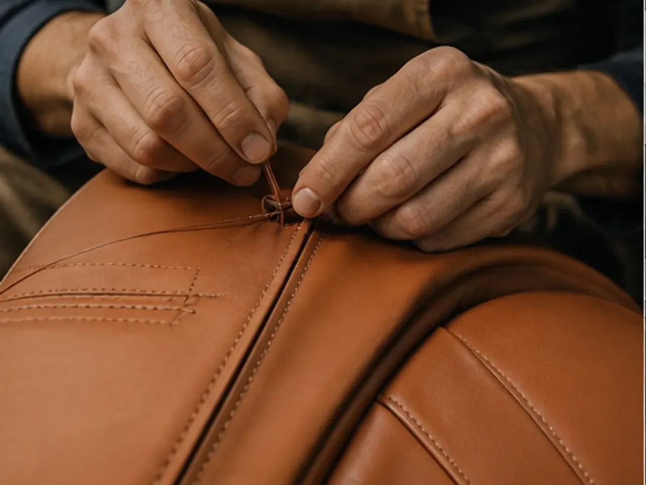 Hand-stitched leather being cut at a workbench