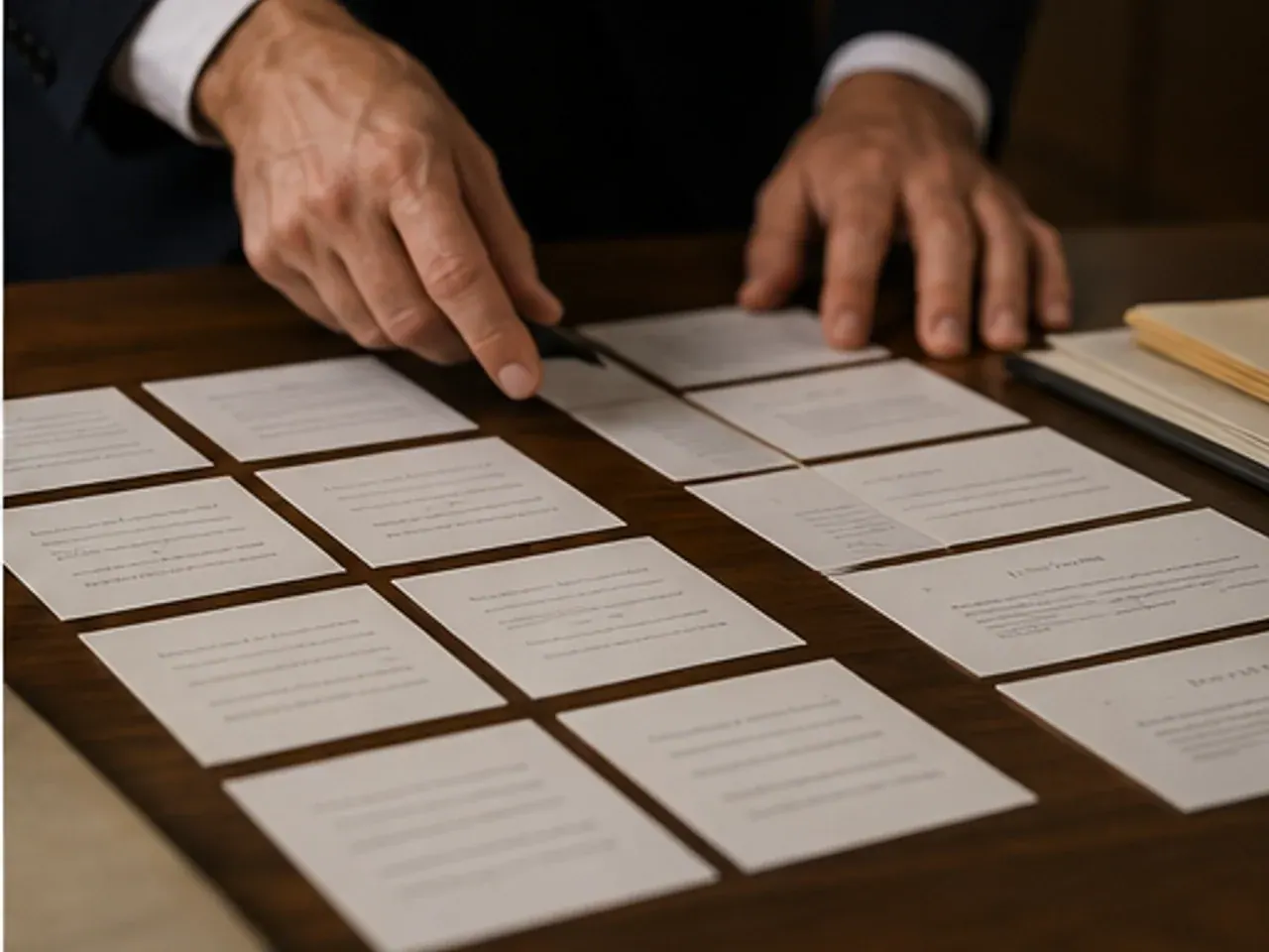 Index cards arranged into a case chronology on a conference table