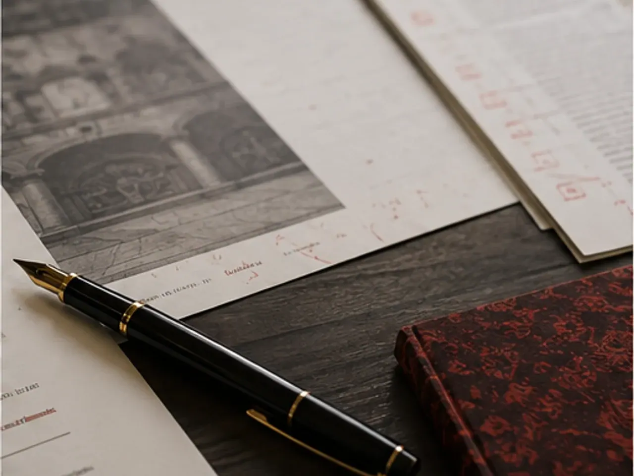 Annotated legal publication proofs and a fountain pen on a desk
