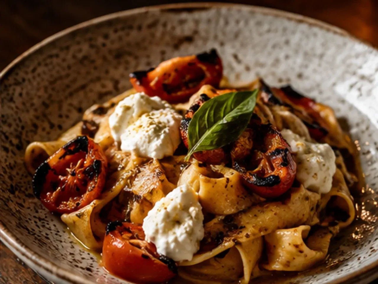 Pasta with charred tomato and basil
