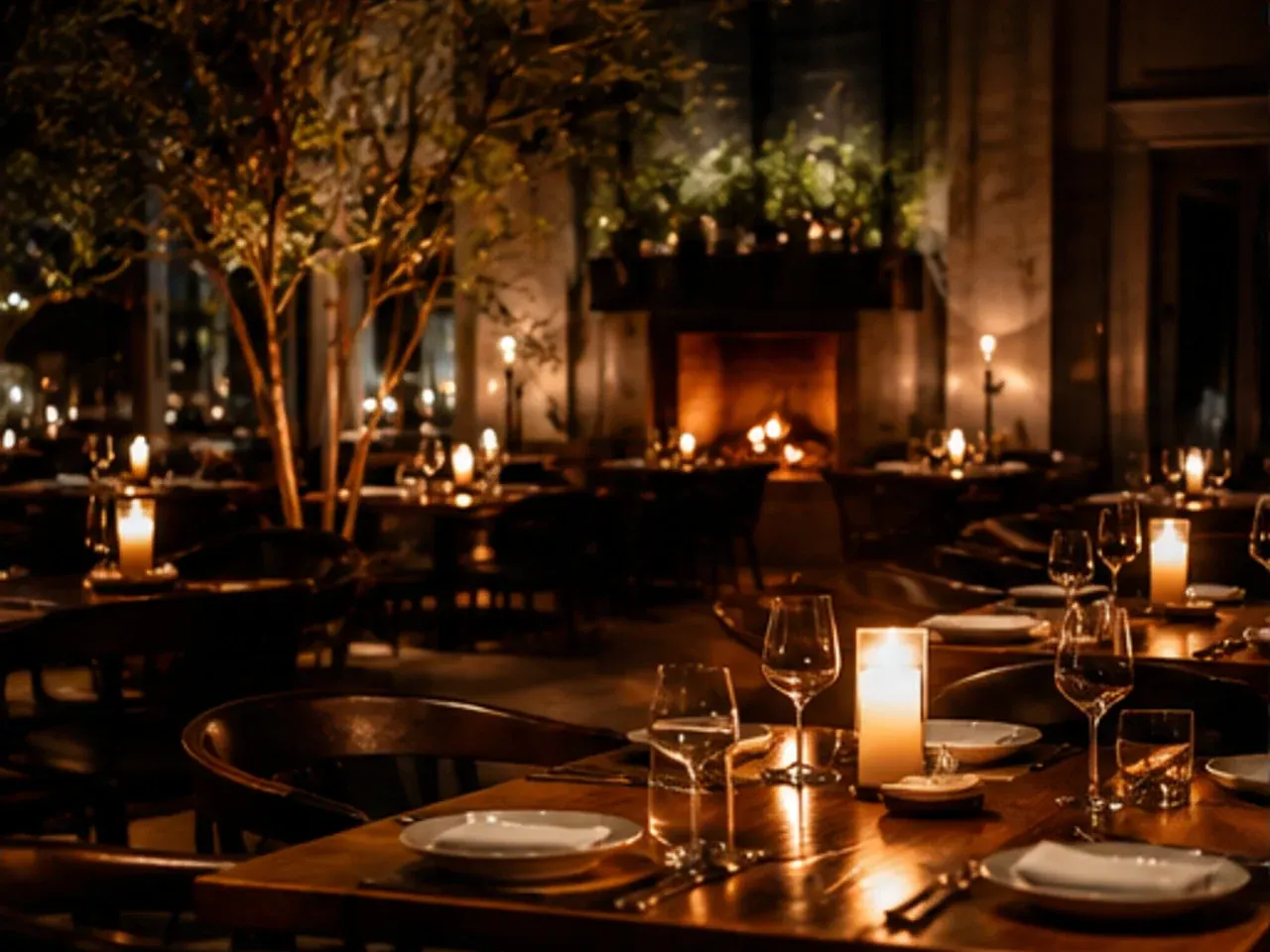 Candlelit dining room with an open hearth