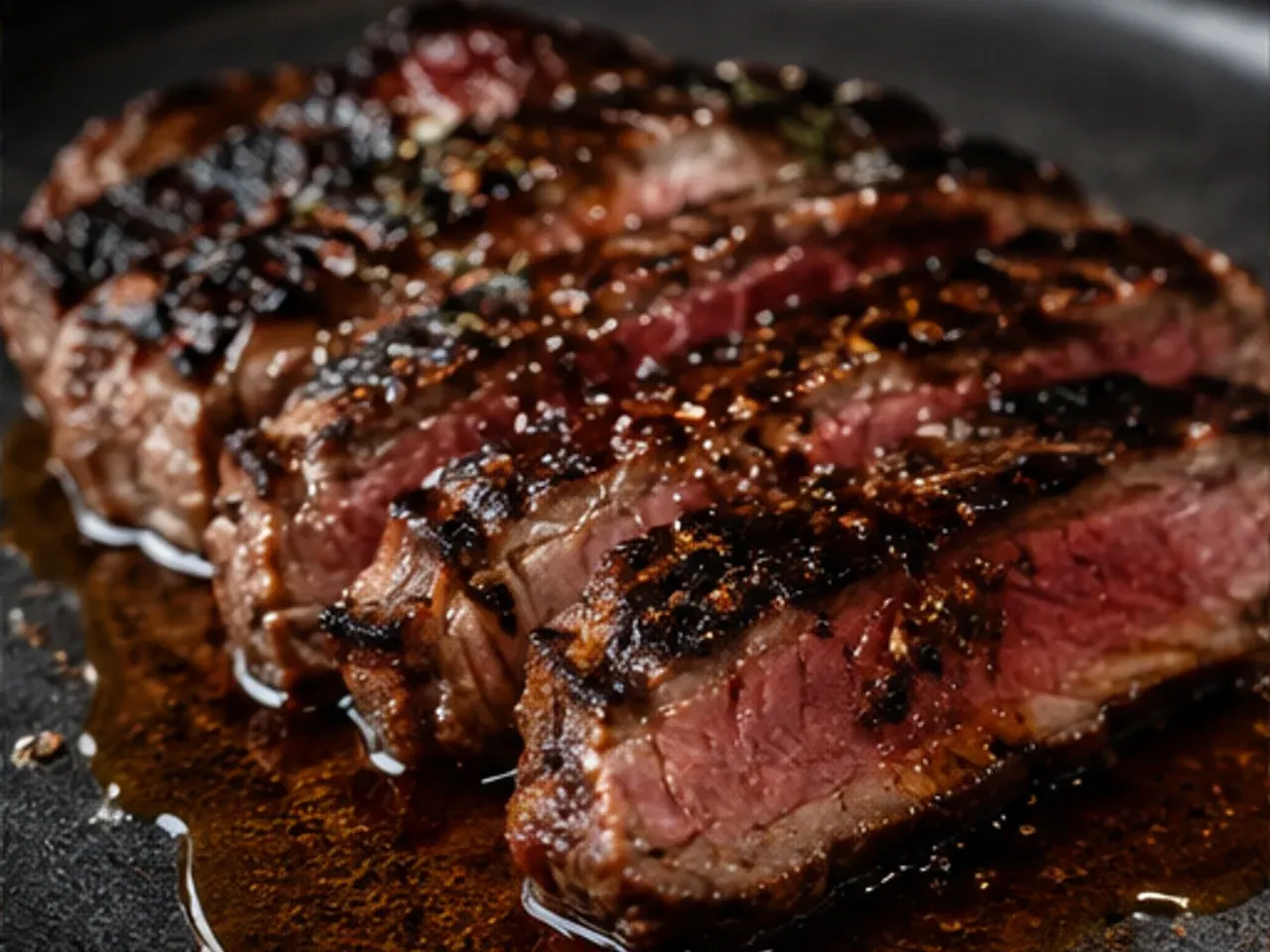 Sliced wood-fired steak on a cast-iron board