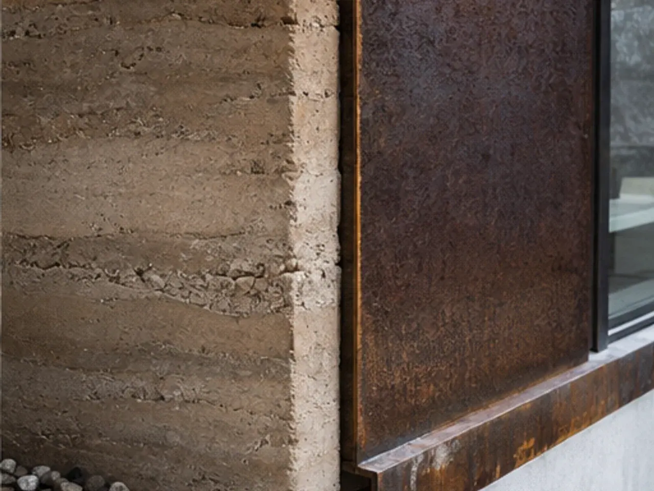 Junction of rammed earth, steel and timber