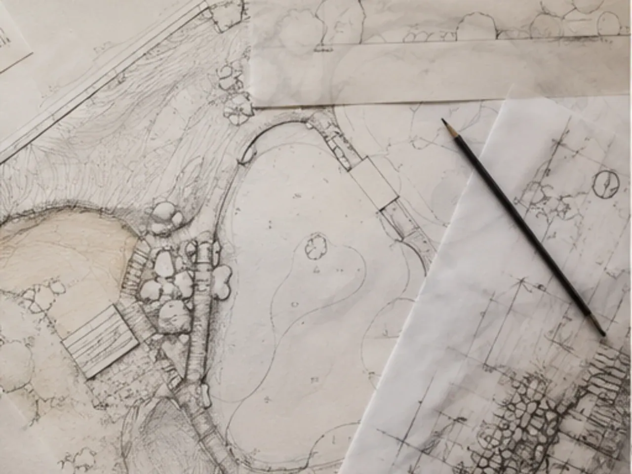 Hand-drawn site plan with sun-path annotations