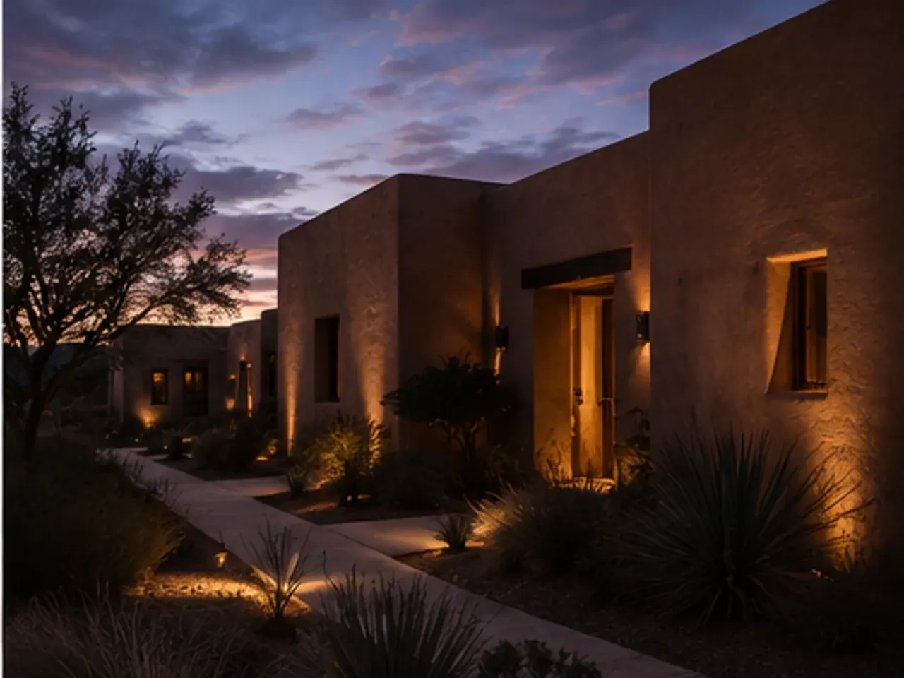 Adobe guest wing lit by path lights at dusk