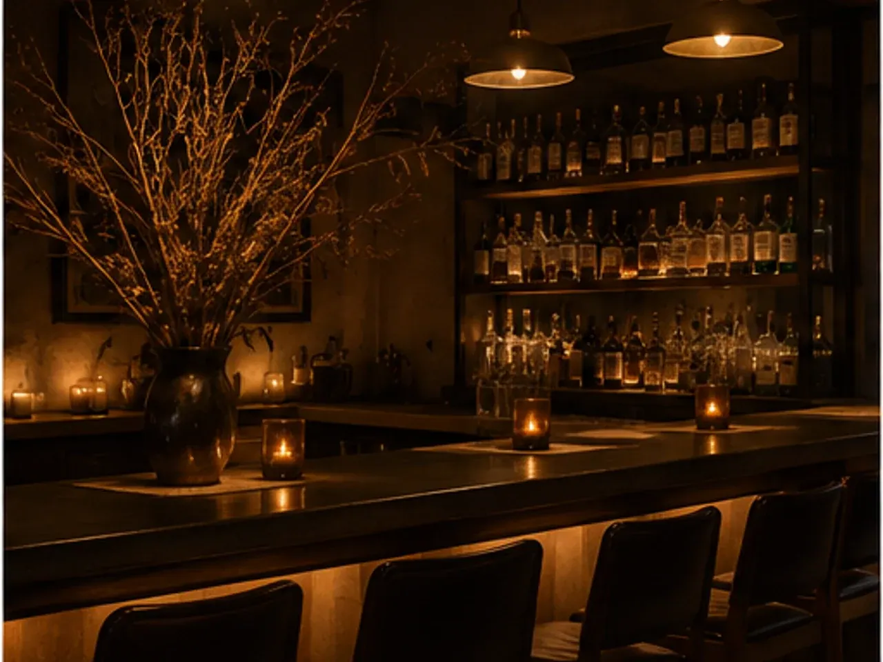 Low-lit hotel bar with candles and a back bar of bottles