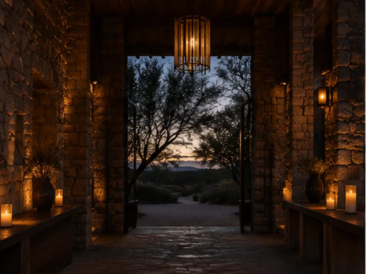 Candlelit stone lobby opening onto the desert at dawn