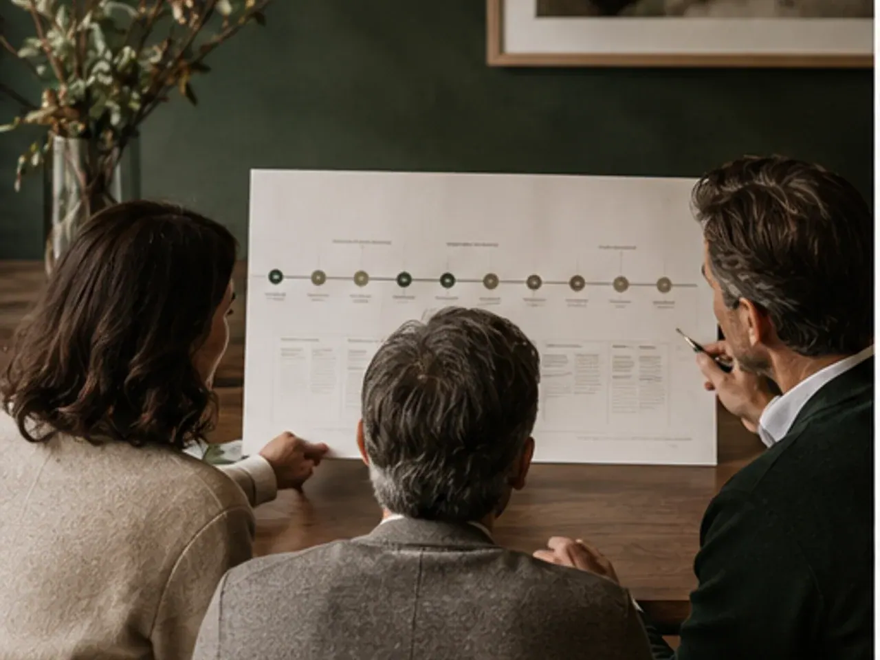 Advisors and clients reviewing a printed decision timeline