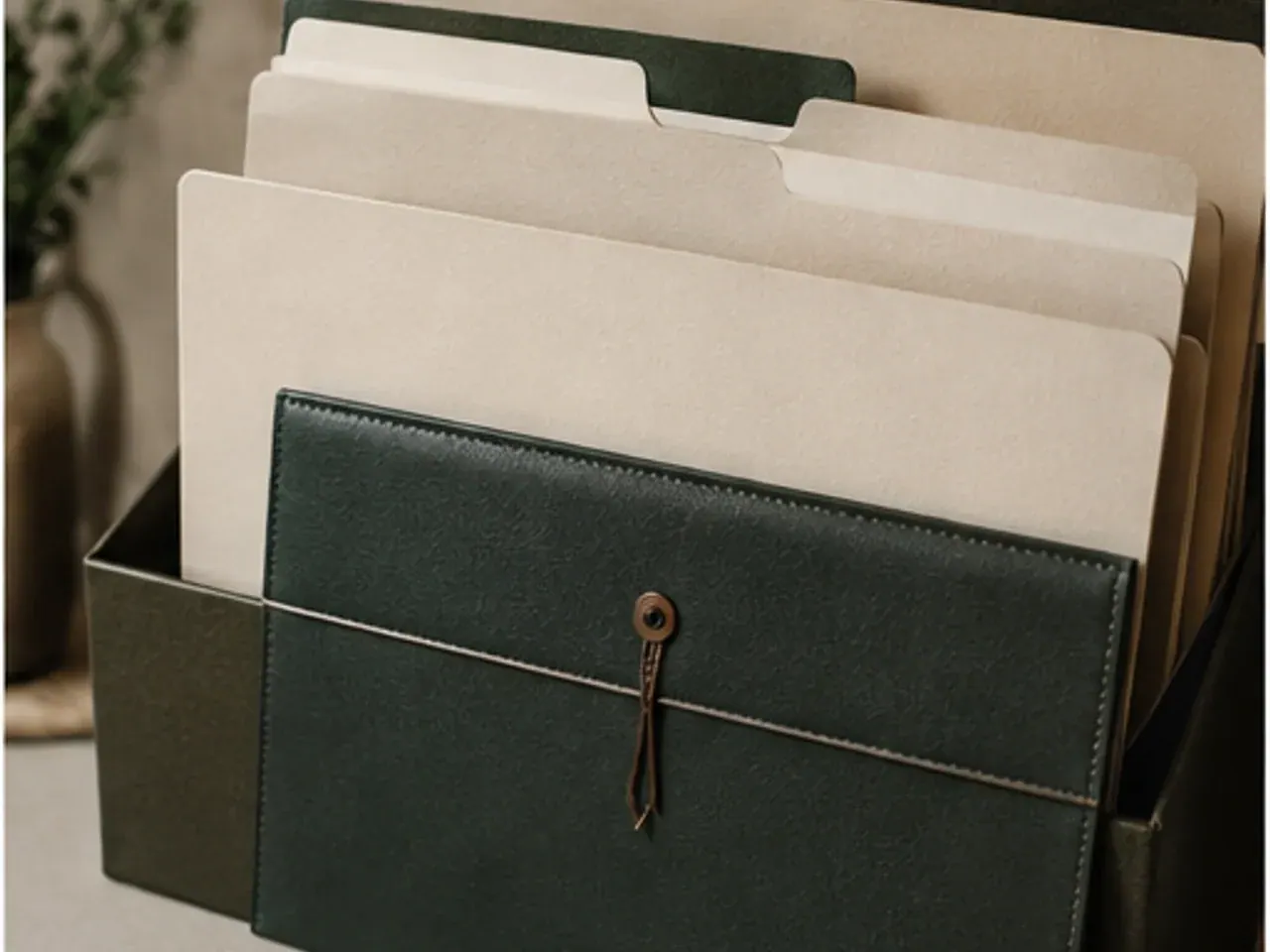 Green leather estate file folder with tabbed documents