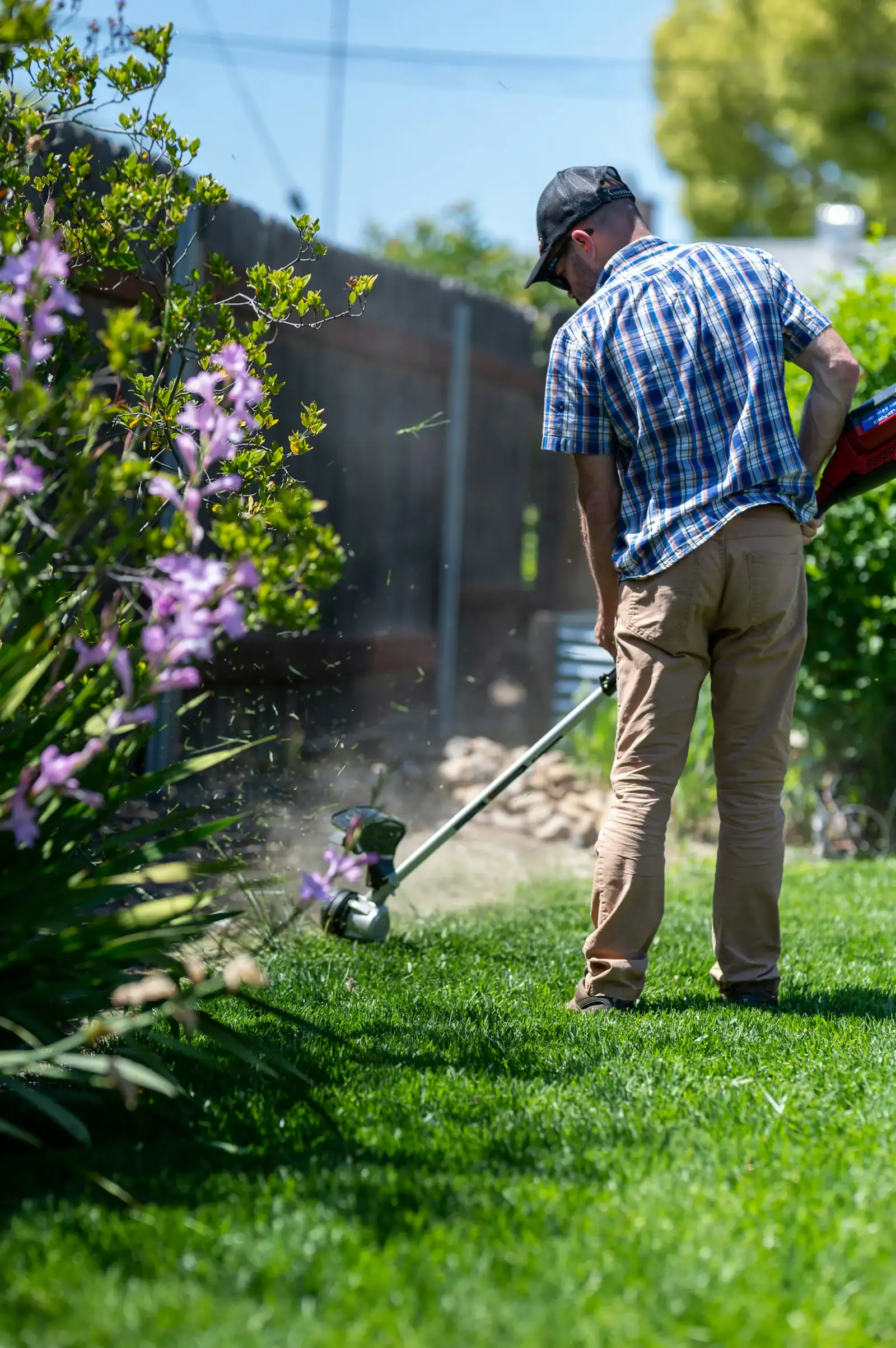 String trimmer working along a garden bed