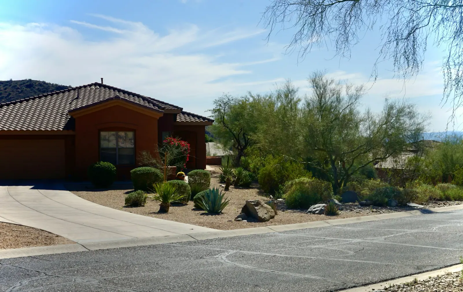Stucco home with desert landscaping and a clean driveway