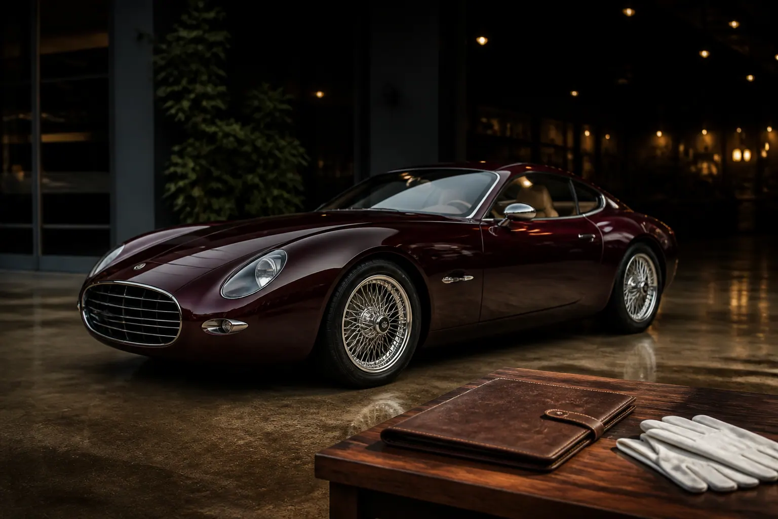 Illustrative burgundy coachbuilt commission handoff