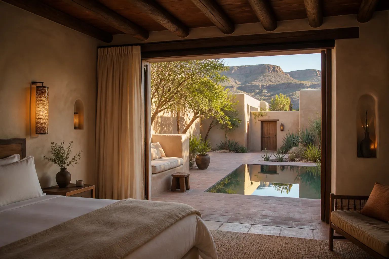 Illustrative courtyard hotel room and reflecting pool