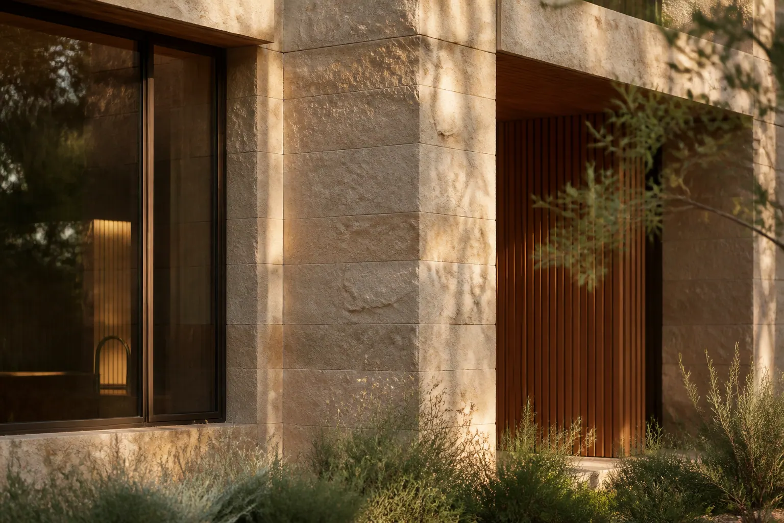 Illustrative limestone and bronze architectural detail
