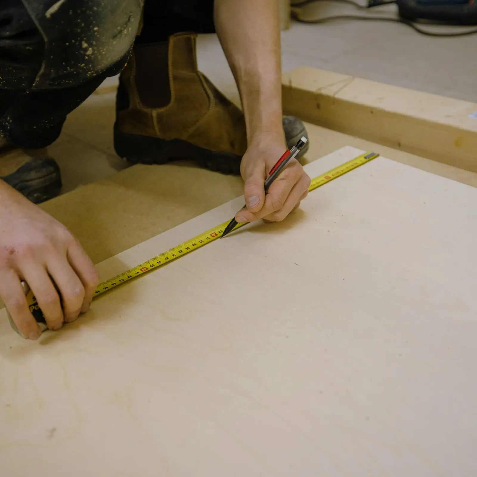 Job photo: a board measured and marked for the shelf