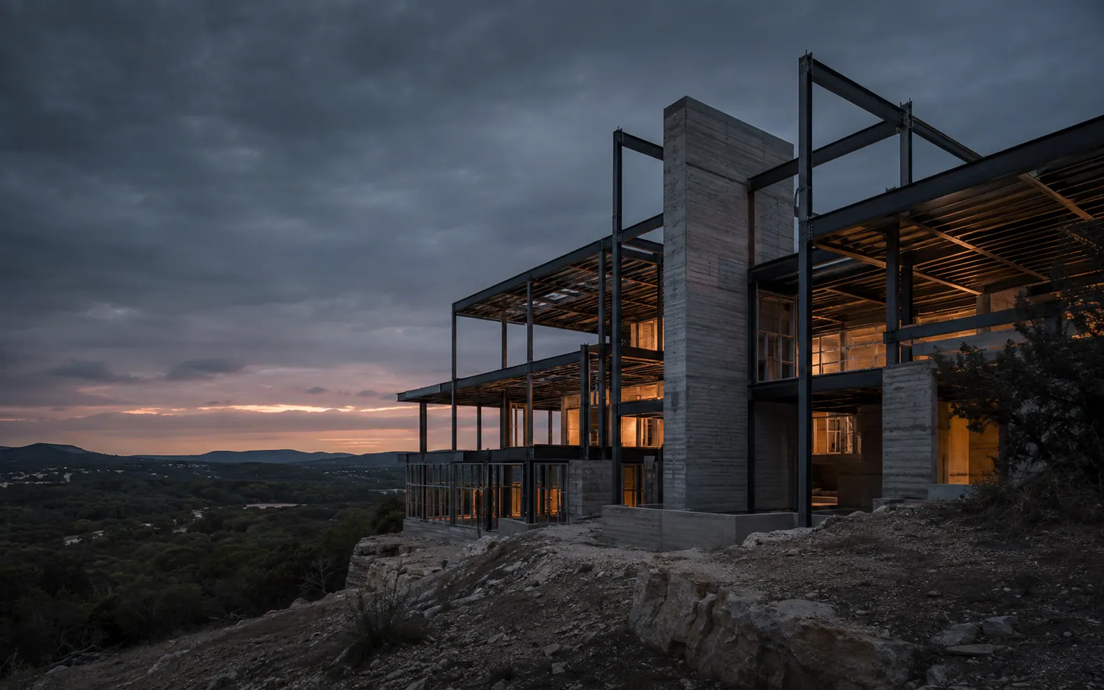 Steel-frame residence at dusk