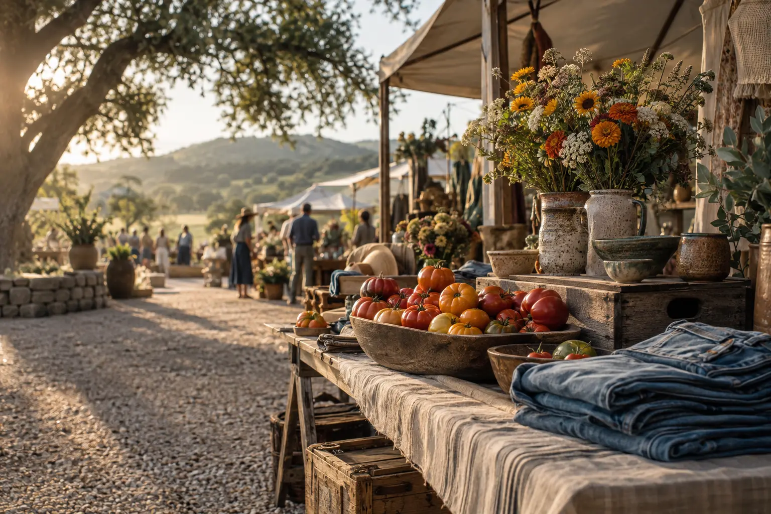 An editorial open-air market with produce, ceramics, flowers, and vintage textiles